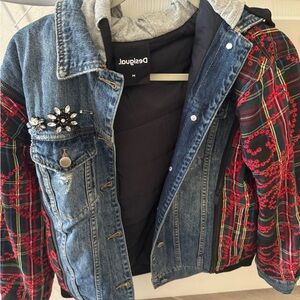 Desigual Blue Denim Jacket with Red Plaid Sleeves